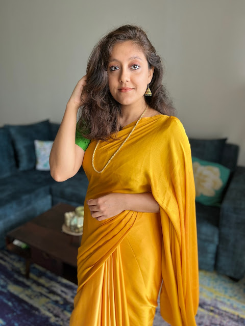 DIY saree ideas with fabric from online store, yellow sari with green blouse Indian blogger