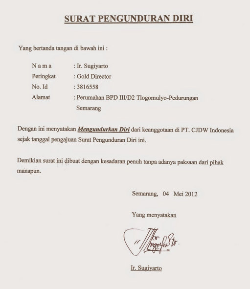 Contoh Surat Pengunduran Diri (resign Letter) - Contoh II