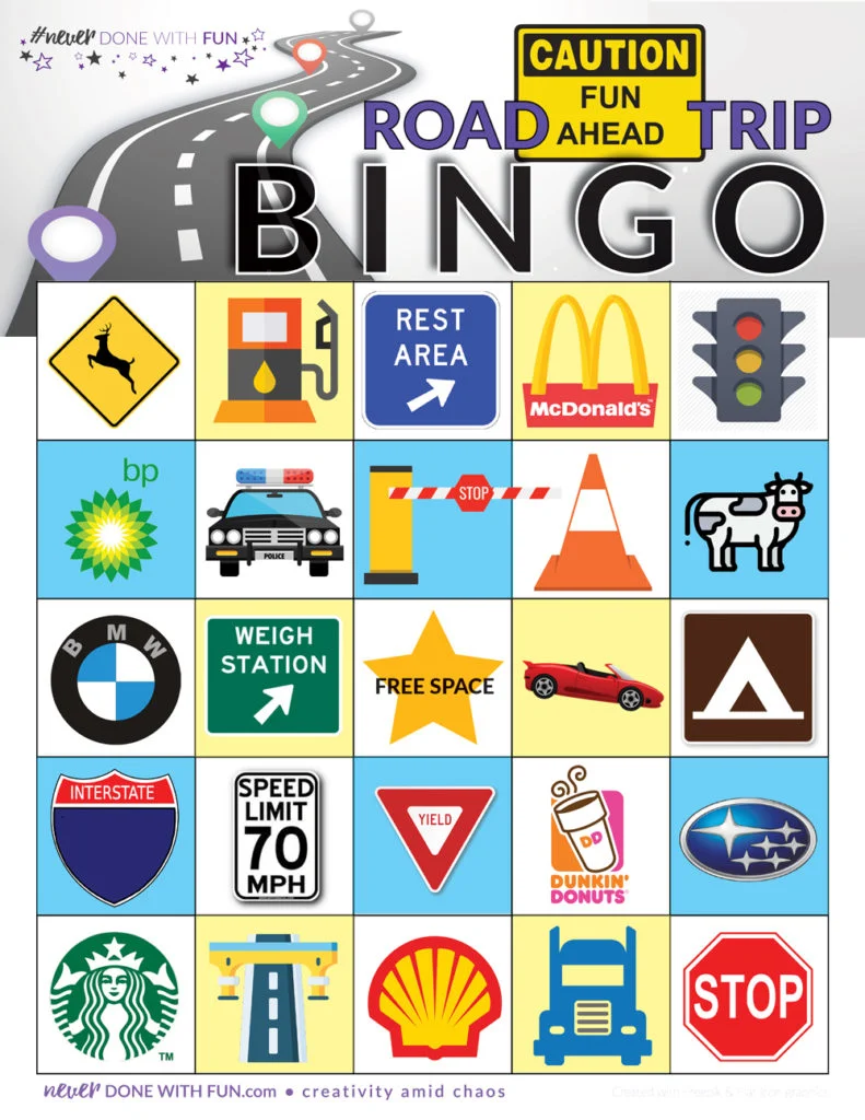 Road trip travelers using printable bingo cards to spot landmarks