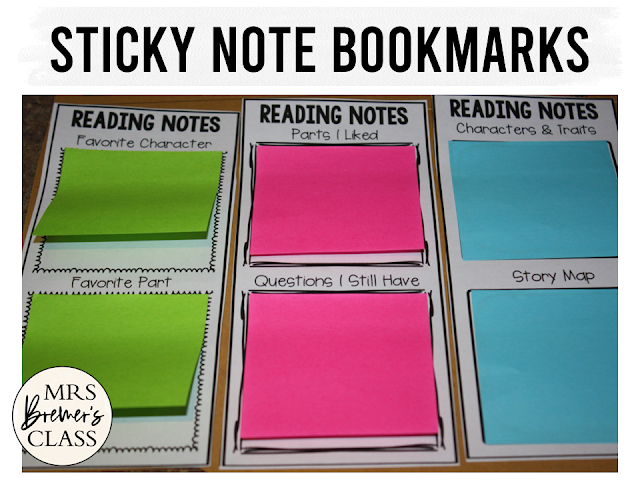 Sticky Note Bookmarks students use to take notes during reading with editable options for Kindergarten First Grade and Second Grade
