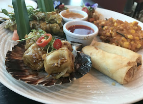 sharing starter platter, pork dumplings, spring rolls, satay chicken