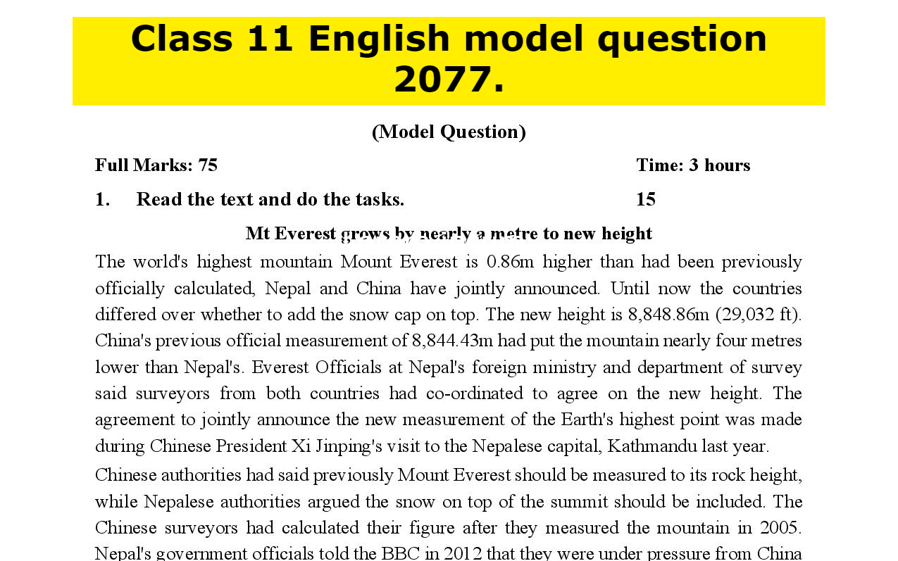 Class 11 English model question PDF
