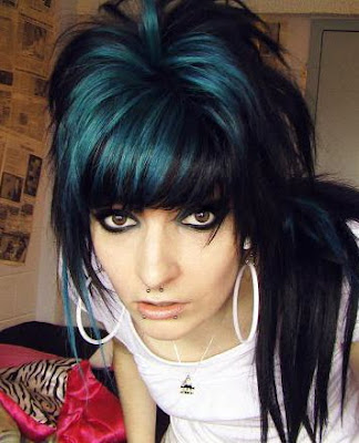 dark brown hair with blue highlights. Big dark blue and black emo