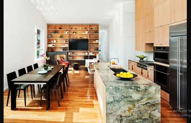 Open Kitchen Design Ideas with marble table and wooden cahair dining room in minimalis design