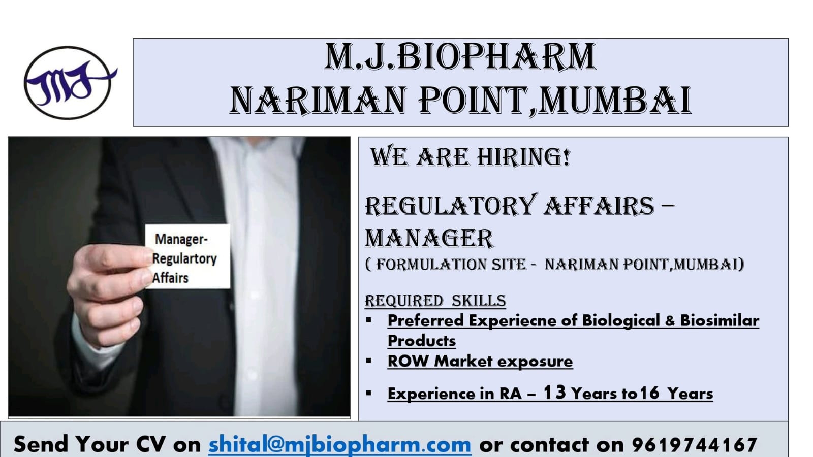 Job Availables, MJ Biopharm Job Vacancy For Regulatory Affairs Department