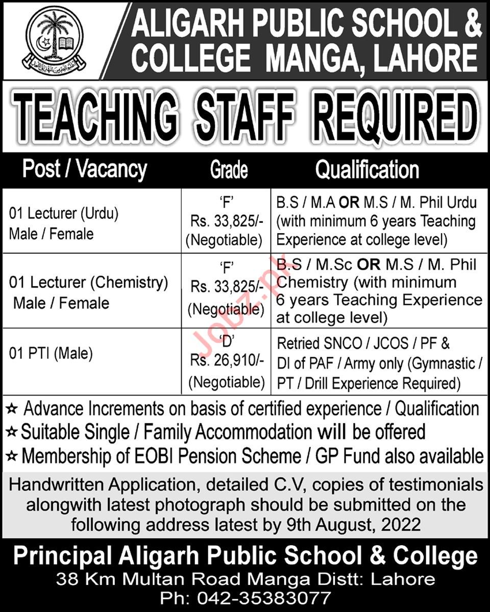 Latest Aligarh Public School & College Teaching Posts Lahore 2022