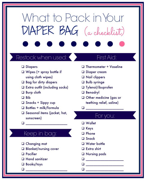 A Perfectly Packed Diaper Bag (plus tips for organizing your own diaper bag!) at LaurasPlans.com: A free printable checklist