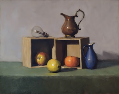 Still life oil painting of a lemon, an apple in a box, a mandarine in a box, a lightbulb and two jugs.