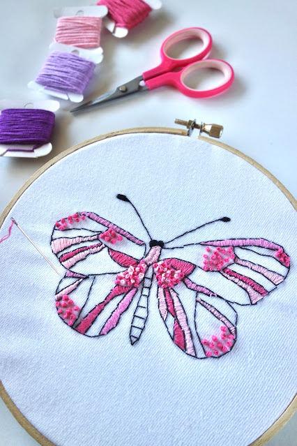 sewing, embroidery, needle and thread, sewing kit, embroidery hoop, butterfly, fabric crafts, white fabric, sewing crafts, crafts, handmade, remembrance, healing crafts, blah to TADA