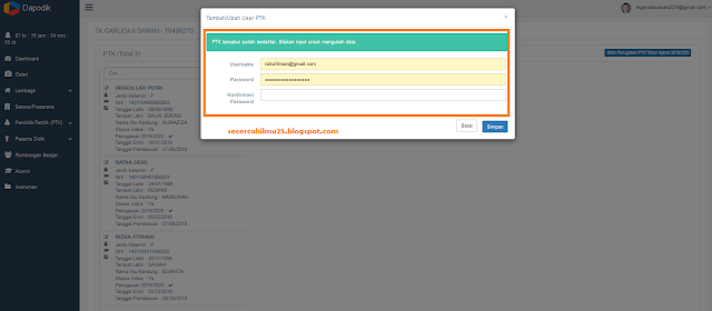 akun ptk dan password PTK pada dapodik telah berhasil didaftarkan