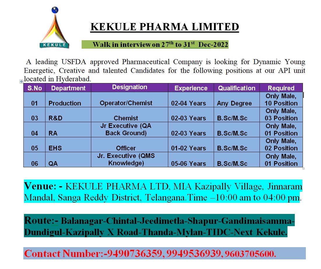 Job Availables, Kekule Pharma Limited Walk In Interview for B.Sc / M.Sc / Any Degree