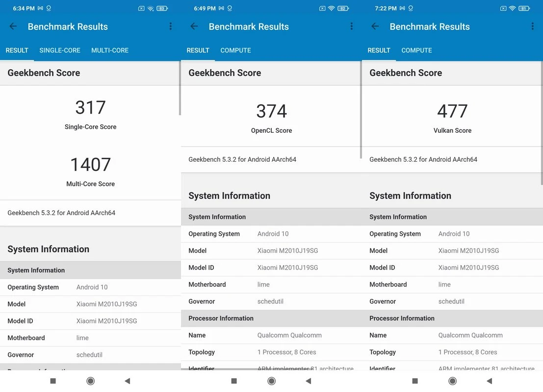 Benchmark Geekbench 5 Xiaomi Redmi 9T