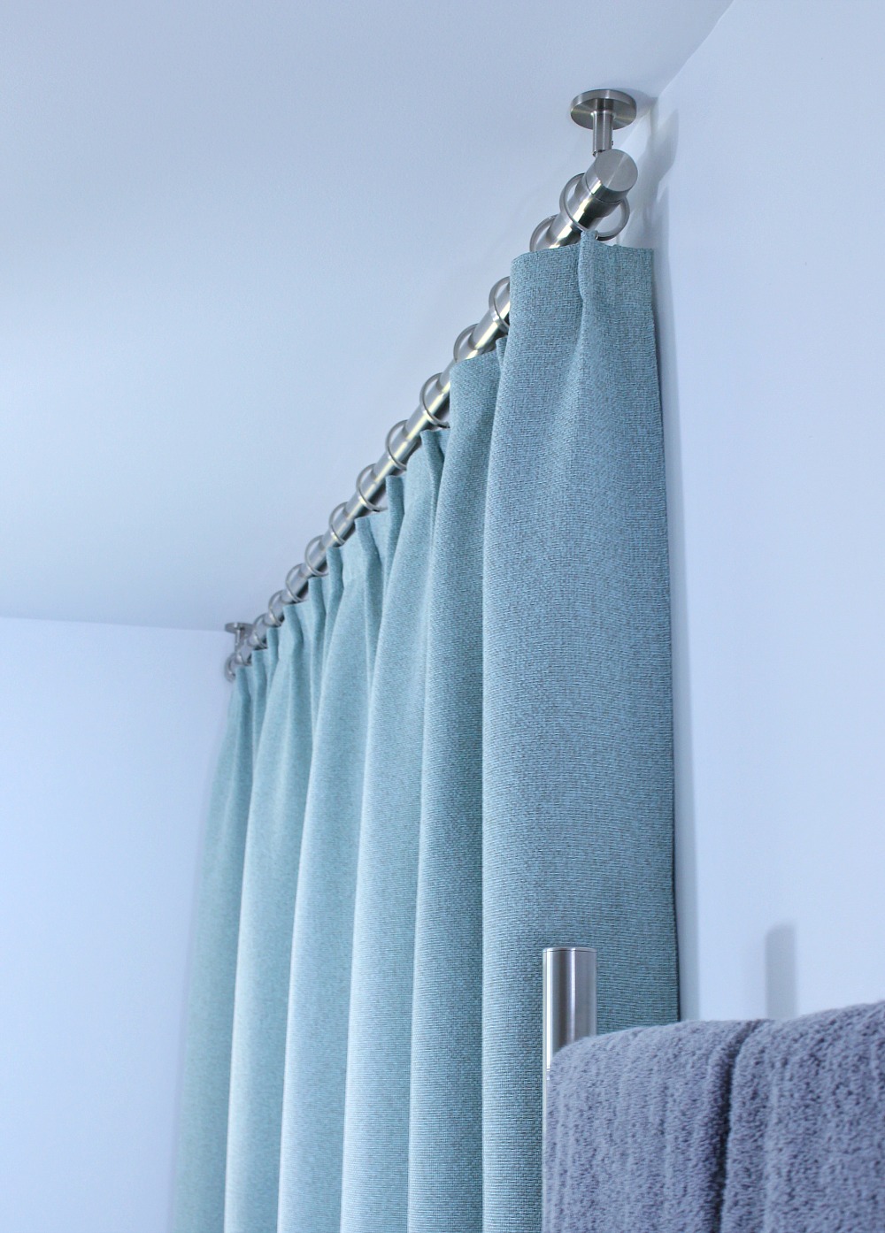 Bathroom Update: Ceiling Mounted Shower Curtain Rod + Turquoise ... - Ceiling Mounted Shower Curtain Rod + Turquoise Tweed Pleated Shower Curtain  in Modern Bathroom Reno |