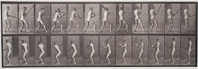 A series of photographs of a nude man swinging a cricket bat.