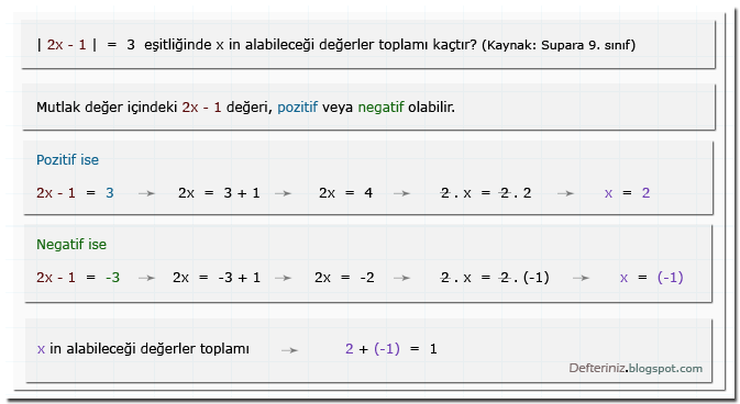 Mutlak değerli denklem » Örnek soru-1 » İfade bir sayıya eşit ise (kaynak: Supara 9. sınıf).