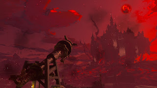 the Lookout Landing and Hyrule Castle during a dark red Blood Moon