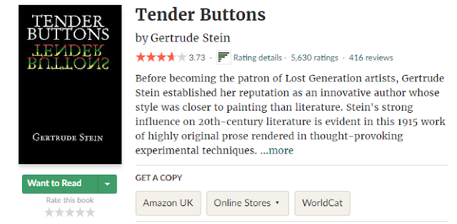 A synopsis of Gertrude Stein's Tender Buttons, with a rating of 3.73. The text reads 'Before becoming the patron of Lost Generation of artists, Gertrude Stein established her reputation as an innovative author whose style was closer to painting than literature. Stein's strong influence on 20th Century literature is evident in this 1915 work of highly original prose rendered in thought-provoking experimental techniques...'