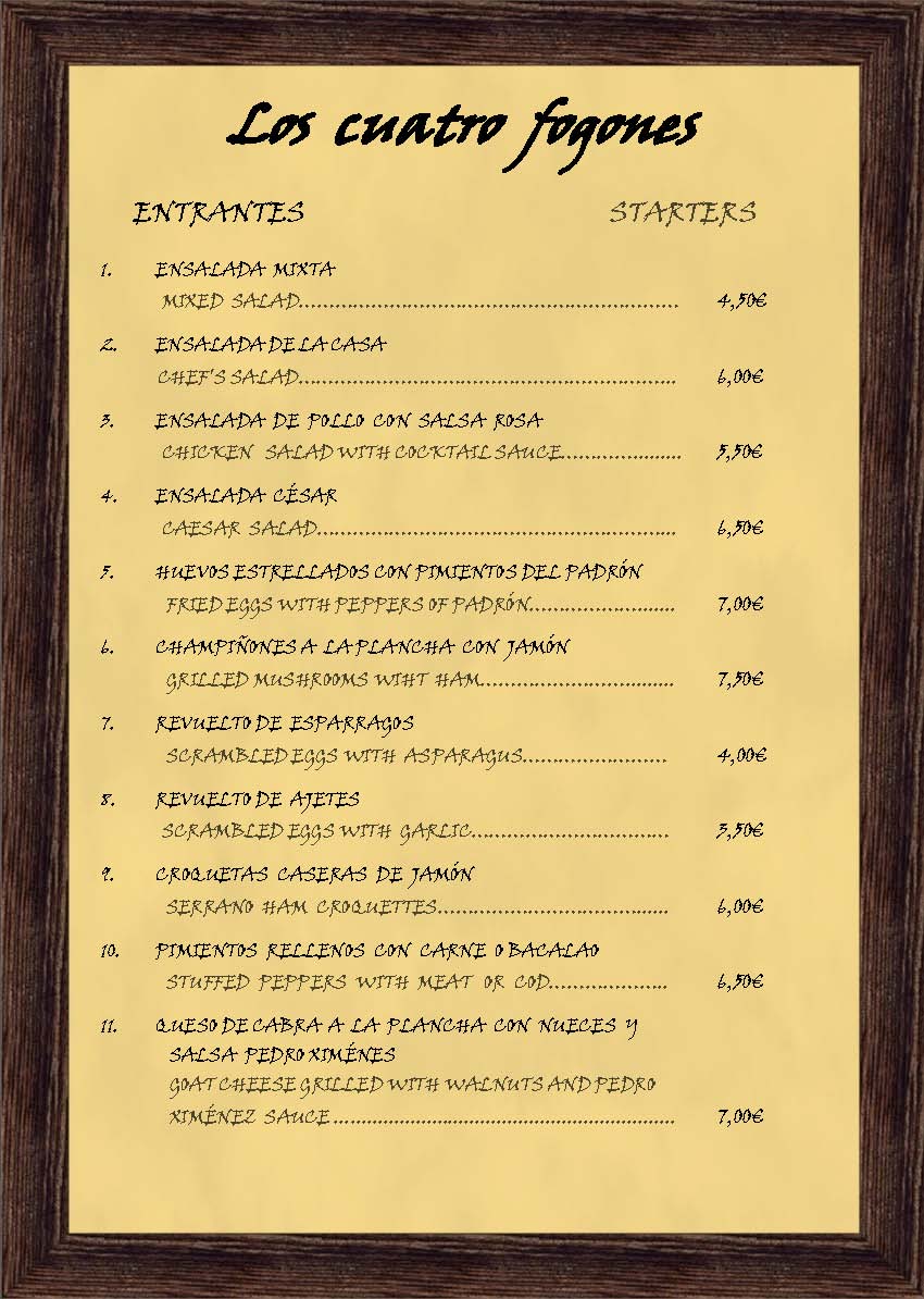 Los Cuatro Fogones: carta - menu