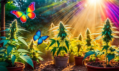 Marijuana garden with butterflies in early morning sunshine rays.