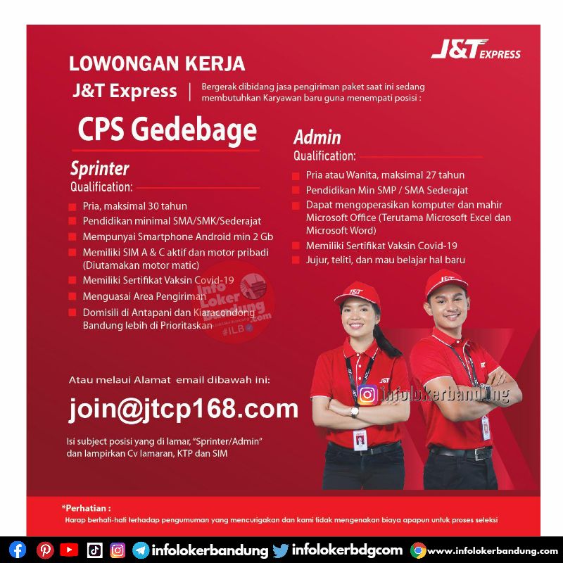 Follow IG ILB : @infolokerbandung - Lowongan Kerja J&T Express CPS Gedebage Bandung April 2023
