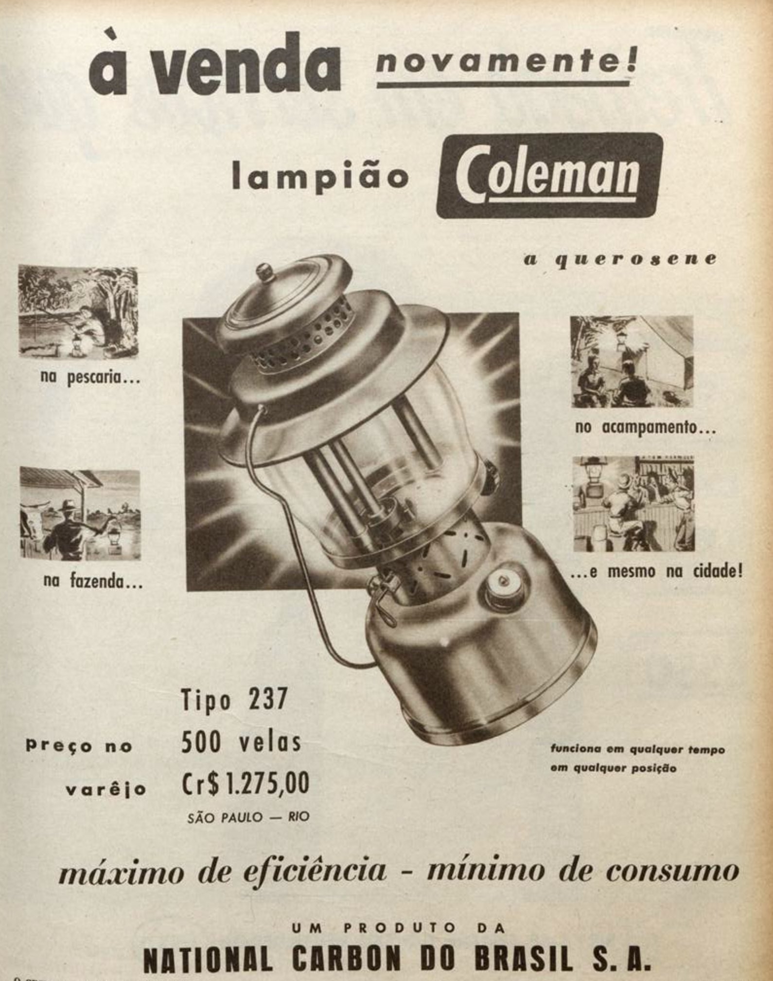 Propaganda antiga promovendo o Lampião da marca Coleman em 1955