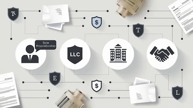 Different business structures for startups, including sole proprietorship, LLC, corporation, and partnership, with symbols for legal documents and liability.