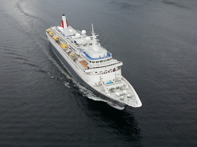 Fred Olsen cruise ship Boudicca departing Bergen, Norway; Cruise ship aerial view