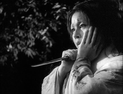 samurai's wife with knife in her hand, Rashomon, in the woods, Directed by Akira Kurosawa