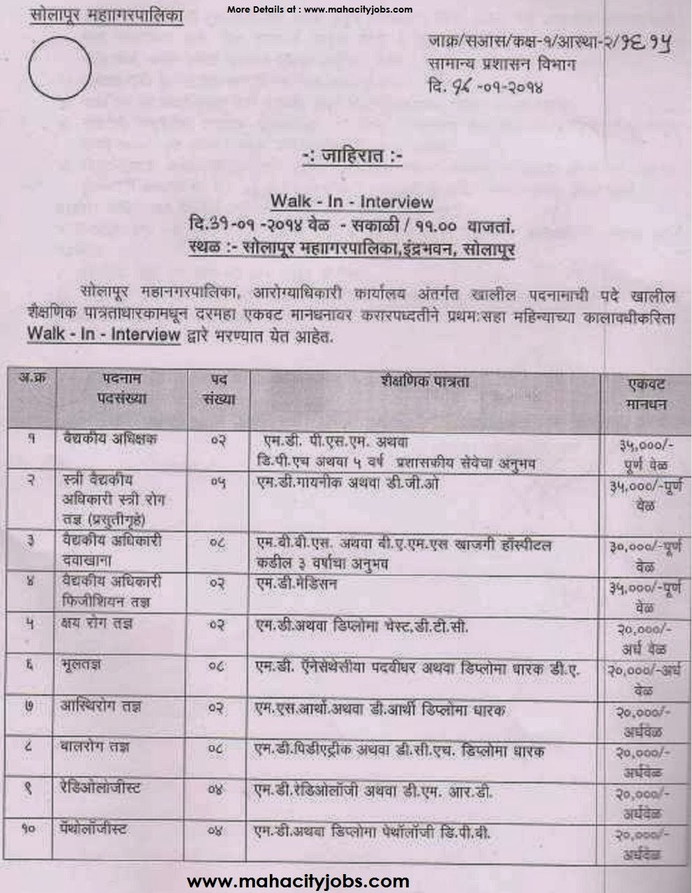 ... Municipal Corporation Recruitment Details Application Form 2014