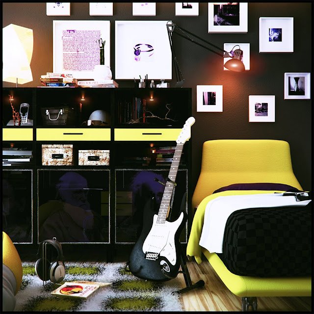 DORMITORIO PARA JOVENCITO EN NEGRO Y AMARILLO by dormitorios.blogspot.com