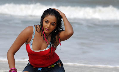 Red Color Beachwear Online, Priyamani in Beach Tshirt sand Shorts 