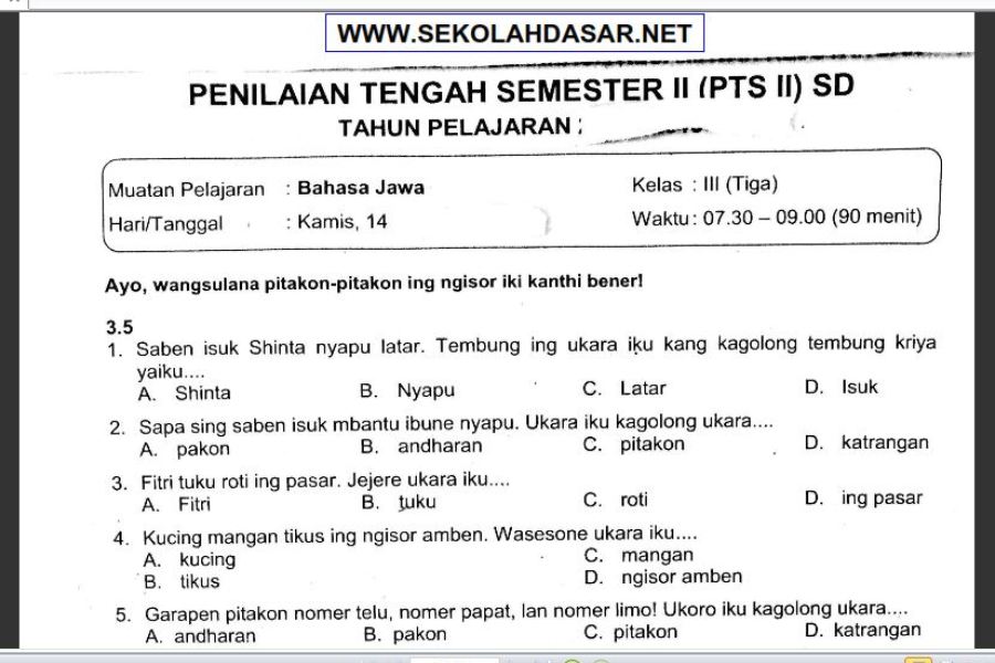  Soal UTS Penilaian Tengah Semester 2 Bahasa Jawa Kelas 3 