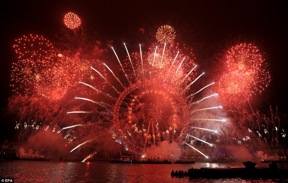 london eye at night with fireworks. Red sky at night: The London