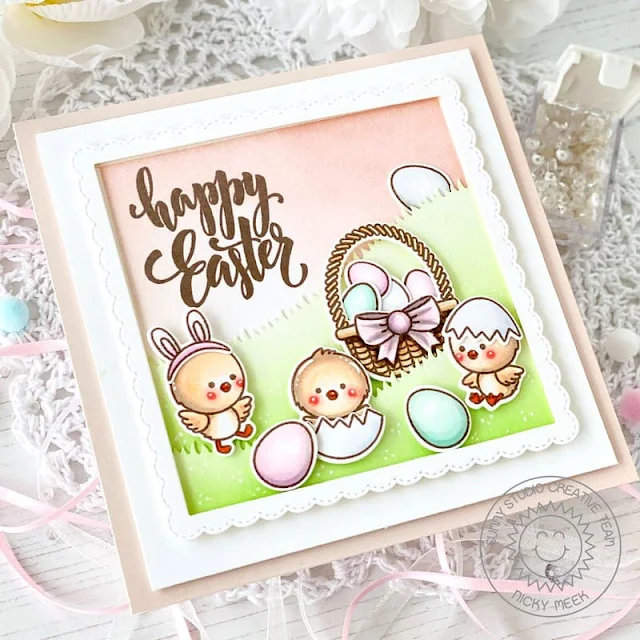 Sunny Studio Stamps: Mini Grass Border Die Focused Easter Card by Nicky Meeks (featuring Chickie Baby, Fancy Frame Dies)