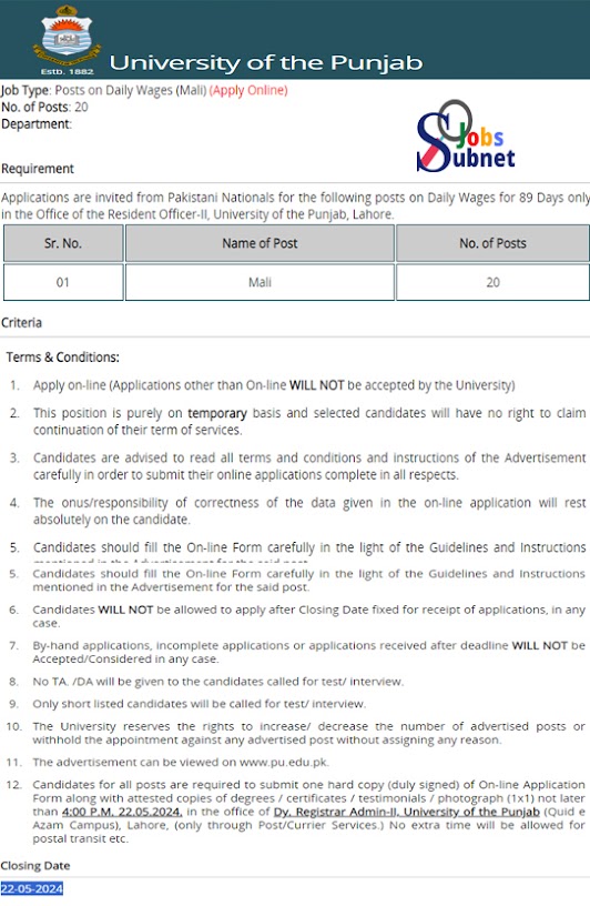 Mali Jobs Available At University of the Punjab 2024