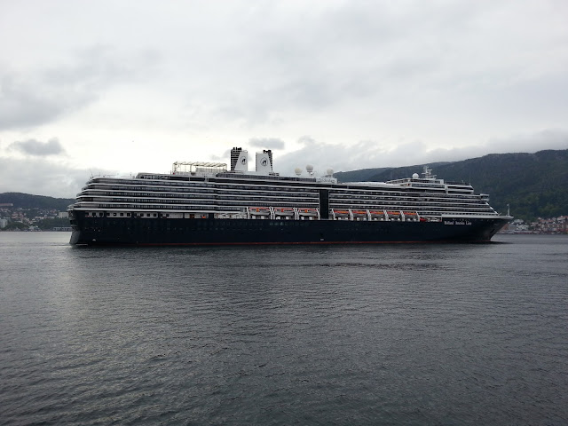 Holland America Line cruise ship Zuiderdam in Bergen, Norway; under the Askøy bridge