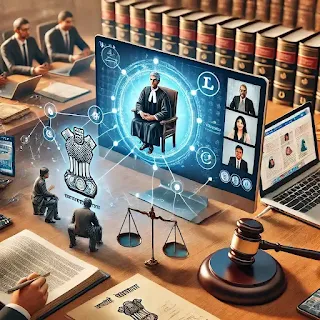 A realistic and professional illustration representing the concept of virtual courts and e-courts in India.