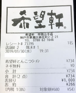 希望軒 甲南山手店 2019/1/30飲食レシート