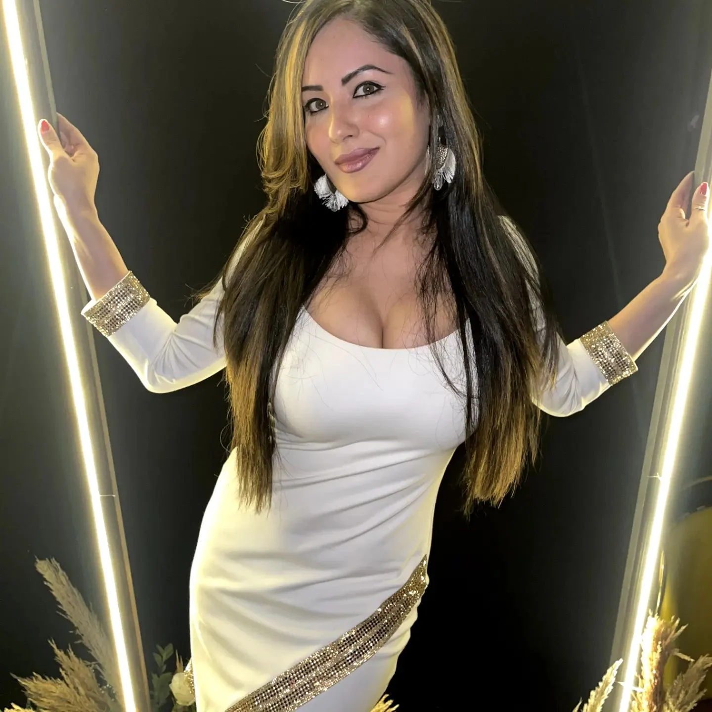 Puja Banerjee cleavage curvy short white dress