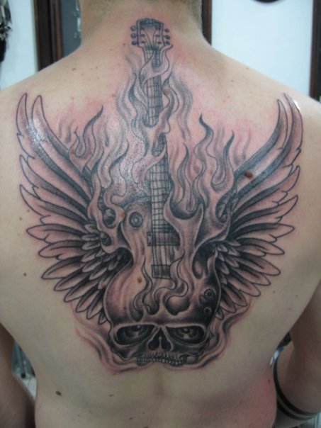 Label: Fire Tattoo, guitar fire, guitar tattoo, skull tattoos, skull wings