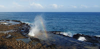 Water spouting from a blowhole in the foreground with a beautiful Hawaiian ocean in the background