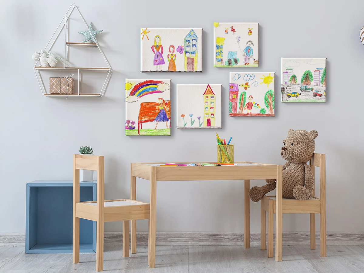 Children's artwork printed on to canvas and on the wall. Image from MyPicture