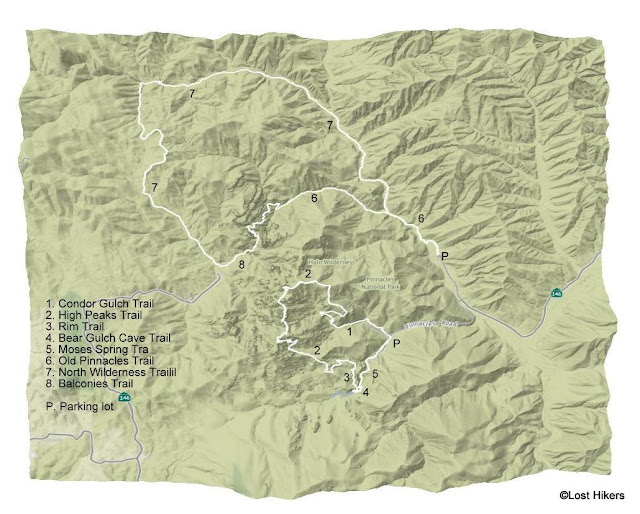 Map of hikes done in Pinnacles National Park by Lost Hikers