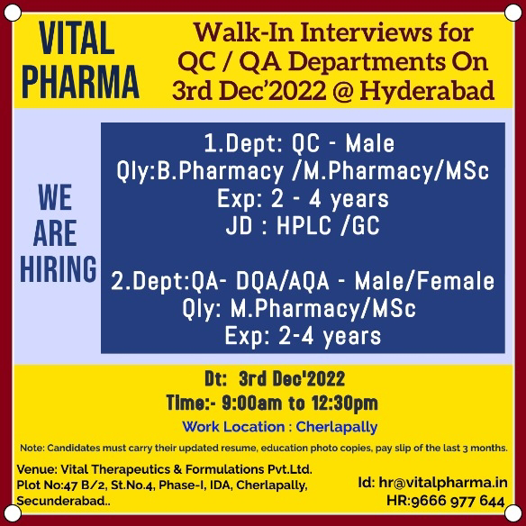 Job Availables, Vital Pharma Walk-in Interview For BPharmacy /MPharmacy/MSc - QA/ QC Department