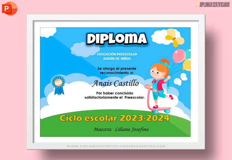 Plantilla de diploma para preescolar con dibujo de niña sobre patineta