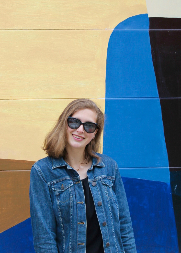 Denim jacket, gray jeans and vans high top sneakers near painted wall #ootd