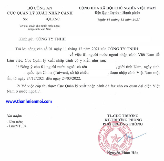 Công văn nhập cảnh Việt Nam được cấp bởi Cục Quản Lý Xuất Nhập Cảnh Tp. Hồ Chí Minh