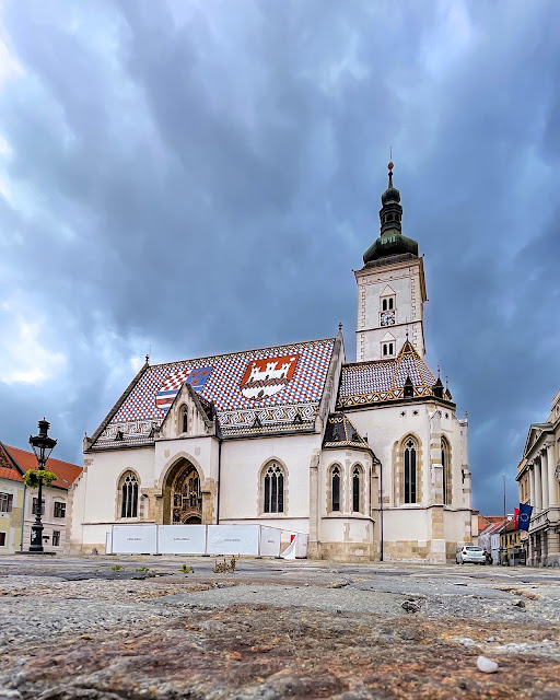 Dark skies over St. Mark's Church in Zagreb, Croatia