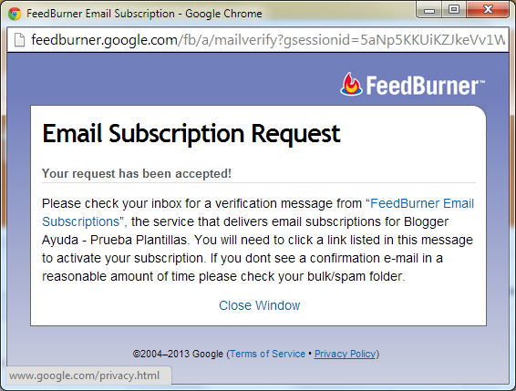 Suscripción por email aceptada en FeedBurner