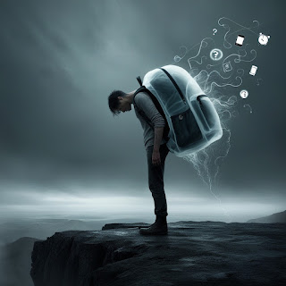 Carrying emotional burdens of stress, anxiety, and digital overload—symbolizing mental weight we don't need to carry."